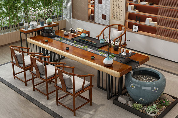 創(chuàng)意流水茶桌，禪意養(yǎng)魚辦公室實(shí)木景觀功夫泡茶桌椅組合